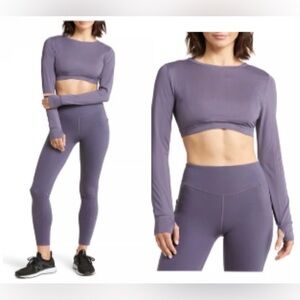 Zella Texture Long Sleeve Sports Bra Crop Top in Grey Stone Size XXL